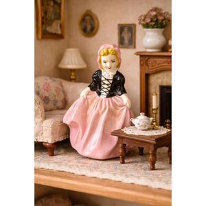 Vintage Colonial Lady Figurine Pink Dress Chalkware Dollhouse Cottage Decor